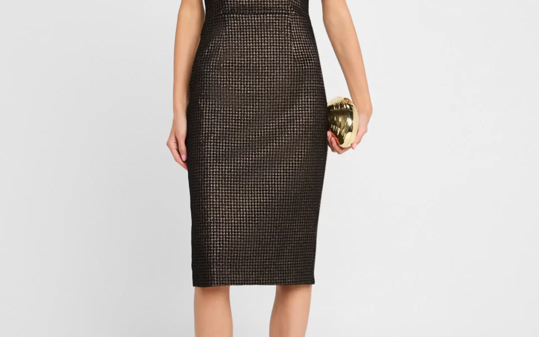 Black Halo – Lena Strapless Metallic Midi Sheath Dress