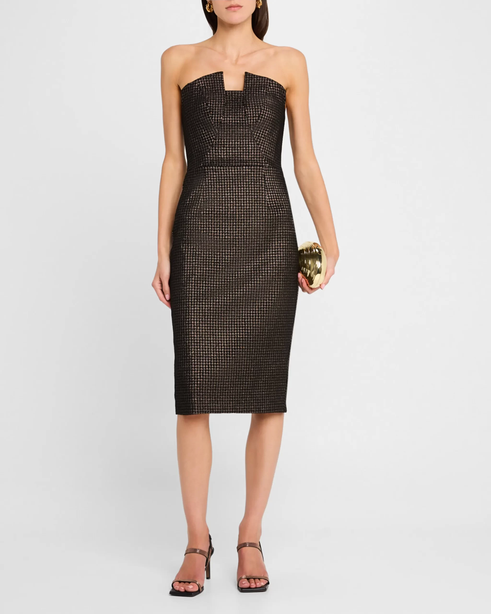 Black Halo – Lena Strapless Metallic Midi Sheath Dress