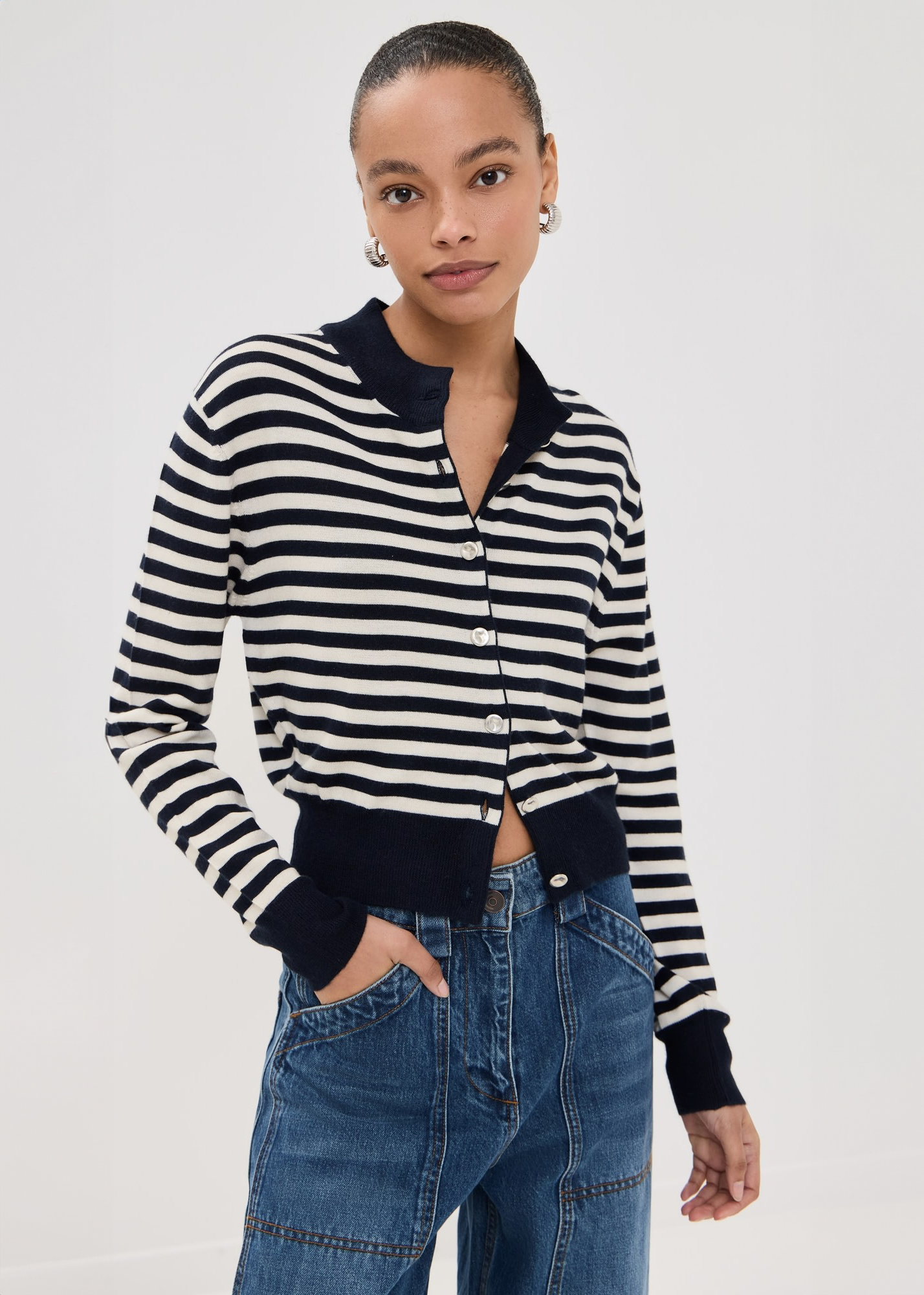 Brandon Maxwell – Striped Shrunken Cardigan with Smashed Buttons